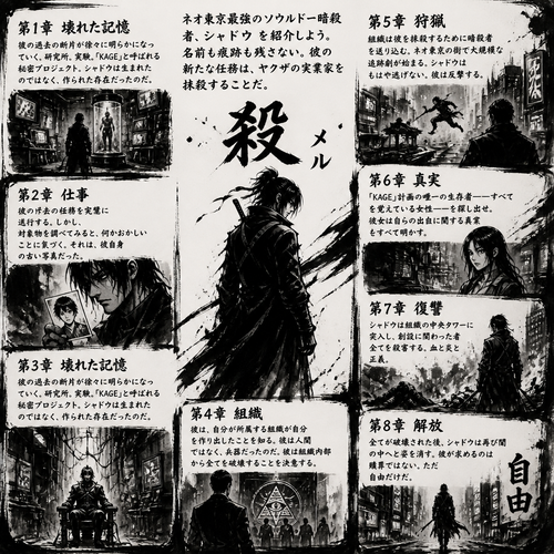 ネオ東京最強のソウルドー暗殺 者、シャドウを紹介しよう。 名前も痕跡も残さない。彼の 新たな任務は、ヤクザの実業家を 抹殺することだ。

第3章 壊れた記憶

彼の過去の断片が徐々に明らかになっ ていく。研究所。実験。「KAGE」と呼ばれる 秘密プロジェクト。シャドウは生まれた のではなく、作られた存在だったのだ。

第5章 狩猟

殺 メル

組織は彼を抹殺するために暗殺者 を送り込む。ネオ東京の街で大規模な 追跡劇が始まる。シャドウは もはや逃げない。彼は反撃する。

第7章 復讐

シャドウは組織の中央タワーに 突入し、創設に関わった者 全てを殺害する。血と炎と 正義。

第2章 仕事

シャドウは任務を完璧に 遂行する。しかし、 対象物を調べてみると、何かおかしい ことに気づく。それは、彼自身 の古い写真だった。

第4章 組織

彼は、自分が所属する組織が自分 を作り出したことを知る。彼は人間 ではなく、兵器だったのだ。彼は組織内部 から全てを破壊することを決意する。

第6章 真実

「KAGE」計画の唯一の生存者――すべて を覚えている女性――を探し出せ。 彼女は自らの出自に関する真実 をすべて明かす。

第8章 解放

全てが破壊された後、シャドウは再び闇 の中へと姿を消す。彼が求めるのは 贖罪ではない。ただ 自由だけだ。