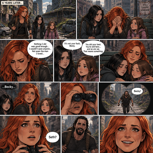 (Recap)It’s a zombie apocalypse,It’s been that way for 6 years,Becky lynch is surviving with two people,A teenager named Raven and a little girl named Sophie,They used to be part of a group…but they got wiped out by Bandits and Zombies,Becky,Raven and Sophie were the only ones that managed to escape.m,They’re currently walking in the city,They sat down on a bench to take a break,They were silent for a while,Then Becky started to cry,Raven and Sophie were concerned,Becky felt like nothing she did was good enough and that she couldn’t save anyone even the man she loved,Raven and Sophie were sad to see Becky like this,They reassured her,Becky smiled softly,They all hug each other. (And now part 2). Becky,Raven and Sophie were still sitting on the bench. Then…they heard a faint voice calling Becky’s name. They looked…and see a figure running towards them and calling Becky’s name in the distance. Becky grabbed her binoculars to see who it is. She couldn’t believe it…it was…The man she loved…the one who she thought she lost…Seth Rollins. Becky lowered her binoculars,her eyes widened in shock. “Seth?” Becky asked. Becky smiled and tears of joy rolled down her face. 