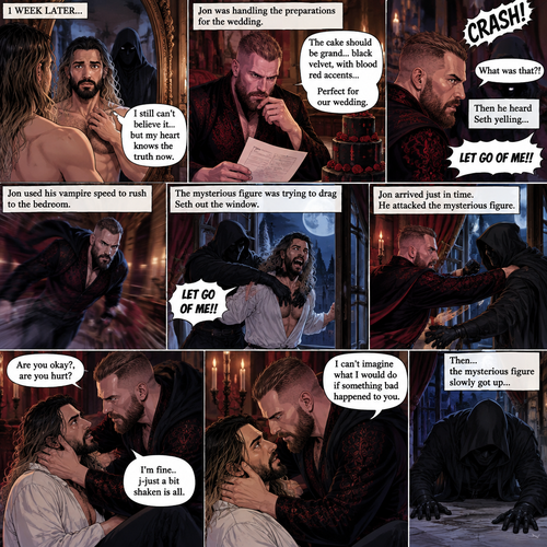 (Recap)Jon Moxley (The vampire king) and Seth Rollins (The vampire hunter…well now The bride Of Jon Moxley) were at the royal feast,Seth was stunned because Jon announced that Seth was his bride,Jon also said that the wedding would take place in 2 weeks,Seth just sat there stunned,Jon sat down and wrapped his arm around Seth and pulled him close,He gently kissed Seth’s forehead,Seth’s heart fluttered,Jon heard it and said “you’re cute,My little hunter”. (And now part 6). 1 week had passed,the wedding was coming up next week. Seth still couldn’t believe it…but his heart knows the truth now. Jon was handling the preparations for the wedding. Seth was looking in the mirror…then he saw a shadowy figure in the reflection…someone was right behind him. Jon was trying to figure out some details for the wedding cake….Then he heard a loud crashing noise coming from the bedroom,Then he heard Seth yelling “LET GO OF ME!!”. Jon used his vampire speed to rush to the bedroom. The mysterious figure was trying to drag Seth out the window. Seth was struggling to get himself free. Jon arrived just in time,He attacked the mysterious figure. Once the mysterious figure was knocked out Jon rushed over to Seth. “Are you okay?,are you hurt?” Jon asked “I’m fine..j-just a bit shaken is all” said Seth. Jon gently held Seth. “I can’t imagine what I would do if something bad happened to you” Said Jon. Then….the mysterious figure slowly got up