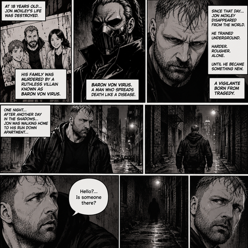 Jon Moxley as a vigilante born from tragedy. When he was 18 years old his family was murdered by a villain known as Baron Von Virus. Since then he had been training himself underground. One night he was walking home to his run down apartment…then he heard a mysterious voice call out his name. “Hello?…Is someone there?” Jon asked
