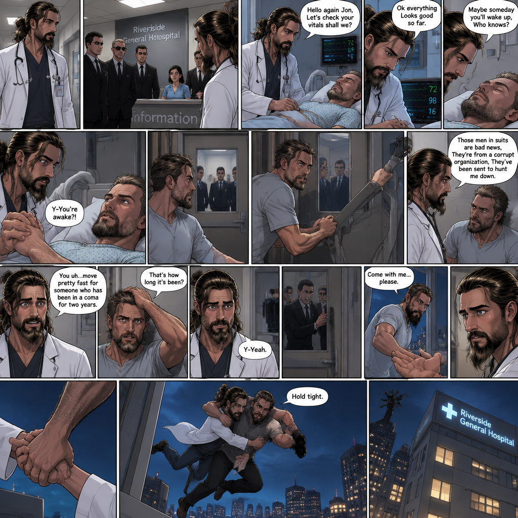 Seth Rollins is a Doctor. He had been looking after a patient (Jon Moxley) who had been in a coma for two years. One day he was walking to Jon’s room,Then he saw men in suits at the front desk. He thought nothing of it and kept walking. He entered Jon’s room. “Hello again Jon,Let’s check your vitals shall we?” Said Seth. He checks Jon’s vitals. “Ok everything Looks good so far” said Seth. He looked at Jon’s face. “Maybe someday you’ll wake up,Who knows?” Said Seth. He got up to leave the room….But a hand grabbed a hold of his wrist. Seth gasped. It was Jon,He’s wide awake and Looking at Seth. “Y-You’re awake” Said Seth. Then Jon carefully got up,Looked out the door and noticed the men in suits. His eyes widened and he shut the door and locked it. “What are you doing?” Seth asked. Jon spoke for the first time since the coma “Those men in suits are bad news,They’re from a corrupt organization,They’ve been sent to hunt me down”. Seth Fell silent,Processing what Jon just said. Jon moved quickly to barricade the door. “You uh…move pretty fast for someone who has been in a coma for two years” said Seth. Jon fell silent while processing that information. “That’s how long it’s been?” Jon asked. Seth nodded slowly. Jon walked slowly toward Seth. “So you’ve been taking care of me these past two years Huh?” Said Jon. Seth got nervous. “Y-Yeah” Seth said Nervously. Then one of the men in suits tried to open the locked and Barricaded door. Jon quickly ran to the window and opened it. He looked at Seth,Then he held out his hand. “Come with me…please” said Jon. Seth thought about it for a bit,Will he Stay and be questioned by the men in suits..Or go with Jon. He ultimately decided….To go with Jon. Jon held Seth. “Hold tight” Said Jon. They jumped