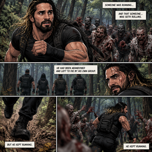 We’re in the woods during a zombie apocalypse,Someone was running…and that someone…was Seth Rollins. He was running from a horde of zombies after being abandoned and left to die by his own group. He kept running
