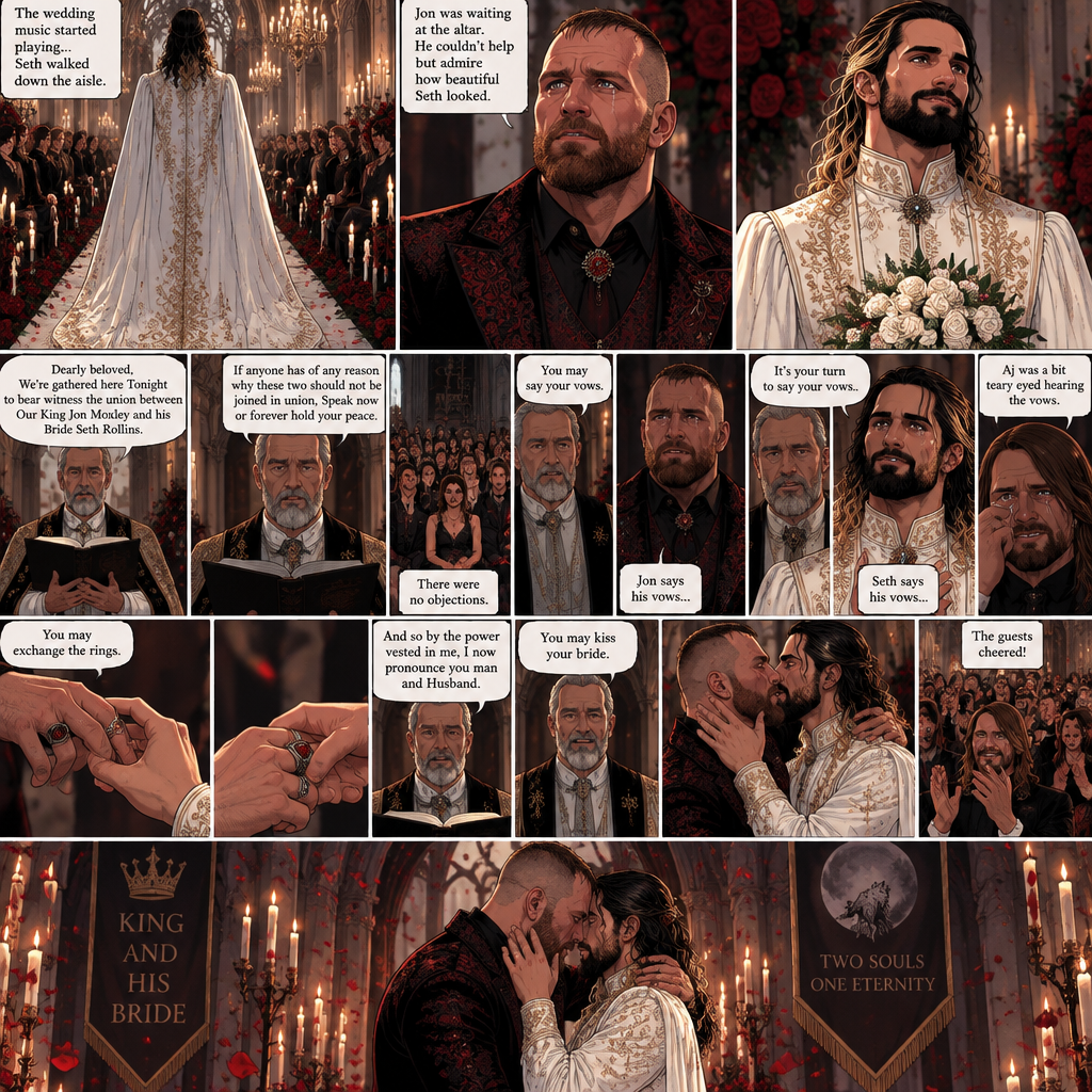 (Recap) Seth Rollins (The vampire hunter turned Bride of the Vampire king) Reunited with his long lost brother Aj Styles,Time skip to 3 days before the wedding,Seth and Jon Moxley (Vampire King) were still preparing,Aj helped out,The night before Aj had told Jon and Seth that he’s a werewolf,Seth and Jon were shocked but were happy that Aj was being honest with them,Seth was on the balcony Looking at the view and Looking nervous about the wedding,Jon appeared behind him checking in on him,“Can’t sleep?” Jon asked,“No” Said Seth,Jon wrapped his arms around him,“What’s on your mind?” Jon asked,”I’m just very nervous about our wedding,Don’t get me wrong I want to marry you…It’s just….what if I mess up? What if people don’t like me?…what if…..I’m not enough….for you?” Said Seth,”Look at me my love” Jon said softly,Seth looked up at him,”You’re not gonna mess up,I’ll be right with you,If people don’t like you they’ll have to deal with me,You ARE enough for me,You’re the only one I want,The ONLY one i love,You’re mine..and I’m yours,For eternity” Jon said softly,Seth’s heart fluttered,Jon kissed him softly,”I love you” Jon said Softly,”I love you too” Seth said softly,They kissed again. (And now part 9) The night of the wedding arrived,The guests were at their seats. Jon was waiting at the altar. The wedding music started playing. Seth walked down the aisle. Jon couldn’t help but admire how beautiful Seth looked. Seth got to the altar. “Dearly beloved,We’re gathered here Tonight to bear witness the union between Our King Jon Moxley and his Bride Seth Rollins” Said the officiant. “If anyone has of any reason why these two should not be joined in union,Speak now or forever hold your peace” The officiant continued. There were no objections. The officiant looked at Jon and said “You may say your vows”. Jon says his vows. Afterwards The officiant looked at Seth and said “It’s your turn to say your vows”. Seth says his vows. Aj was a bit teary eyed hearing the vows. “You may exchange the rings” said the officiant. Jon and Seth exchanged the rings. “And so by the power vested in me,I now pronounce you man and Husband” said the officiant. He looked at Jon and said “You may kiss your bride”. They kissed. The guests cheered