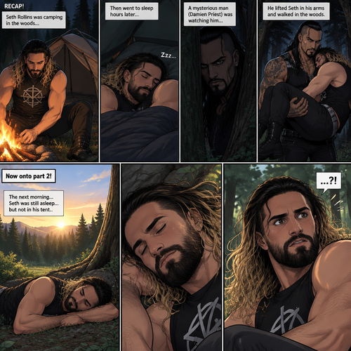 (Recap!) Seth Rollins was camping in the woods,Then went to sleep hours later,A mysterious man (Damien Priest) was watching him,He lifted Seth in his arms and walked in the woods. (Now onto part 2!).The next morning,Seth was still asleep…but not in his tent,He eventually woke up
