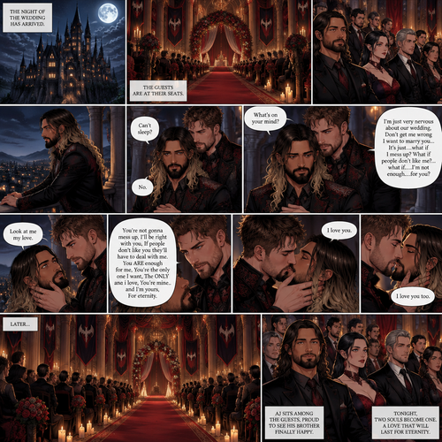 (Recap) Seth Rollins (The vampire hunter turned Bride of the Vampire king) Reunited with his long lost brother Aj Styles,Time skip to 3 days before the wedding,Seth and Jon Moxley (Vampire King) were still preparing,Aj helped out,The night before Aj had told Jon and Seth that he’s a werewolf,Seth and Jon were shocked but were happy that Aj was being honest with them,Seth was on the balcony Looking at the view and Looking nervous about the wedding,Jon appeared behind him checking in on him,“Can’t sleep?” Jon asked,“No” Said Seth,Jon wrapped his arms around him,“What’s on your mind?” Jon asked,”I’m just very nervous about our wedding,Don’t get me wrong I want to marry you…It’s just….what if I mess up? What if people don’t like me?…what if…..I’m not enough….for you?” Said Seth,”Look at me my love” Jon said softly,Seth looked up at him,”You’re not gonna mess up,I’ll be right with you,If people don’t like you they’ll have to deal with me,You ARE enough for me,You’re the only one I want,The ONLY one i love,You’re mine..and I’m yours,For eternity” Jon said softly,Seth’s heart fluttered,Jon kissed him softly,”I love you” Jon said Softly,”I love you too” Seth said softly,They kissed again. (And now part 9) The night of the wedding arrived,The guests were at their seats