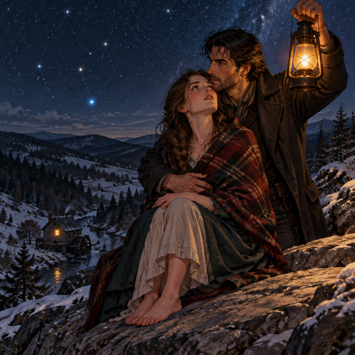 Cormac carries her through the drift, the lamp banked low in his free hand, his boots biting through the crust with long, certain strides. The first bend opens out and the mill house falls away below them, a single warm square of light against the dark. He does not set her down.
This is the place I came to nine winters ago, the first spring after the storm. I stood right here, lamp dead in my hand, and told the sky it could have the wire, but not the post. Not that one. It's been holding your name since before I knew it.
He sets her down on the flat rock at the bend, her bare feet warming quickly against the sun-baked stone even in the frost, and moves to stand behind her, chin resting at her temple, one arm locked across her waist, the other raising the lamp high into the open dark.
The first star's name is Maura. That's the one above our mill. The second, west of it, I've called March. The one low over the pasture, lambing light. And the one that's been burning blue above the dead road since my fifth winter, I've never given a name at all. I was waiting for someone to stand up here and take it. She's here now.
Tap blank area to return