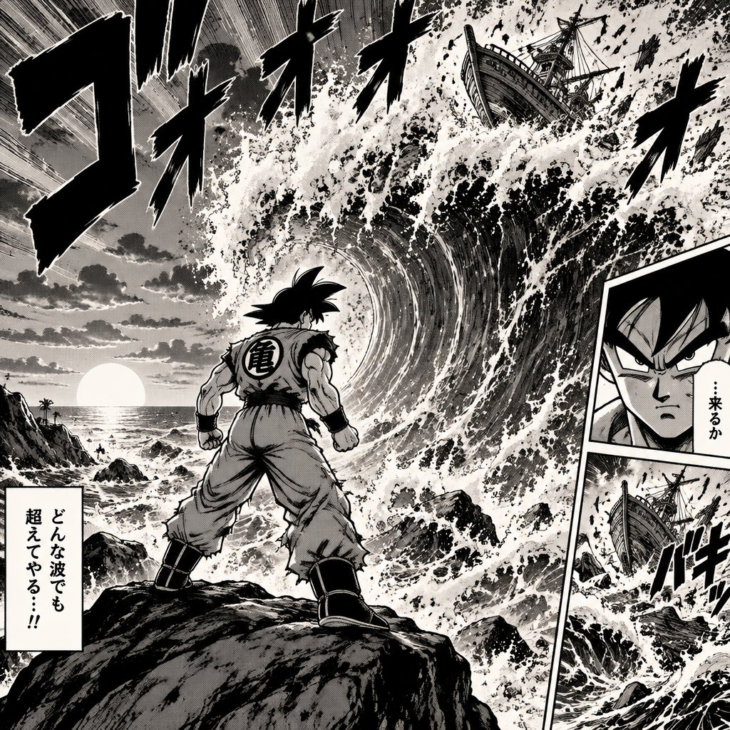 A dragon ball z like figure on a roch on the beach by sunset and a big wave coming in with a boat on.
