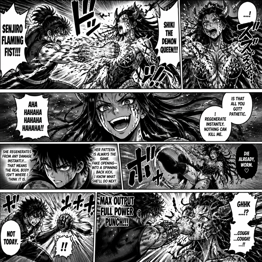 Senjiro hits shiki the Demon queen with a flaming fist through her heart but she regenerates she starts laughing straight after until ki predicts her next move and blocks her kick and hits her with a full power punch to the face she actually feels that punched to the face and coughs up blood for the first time in her life