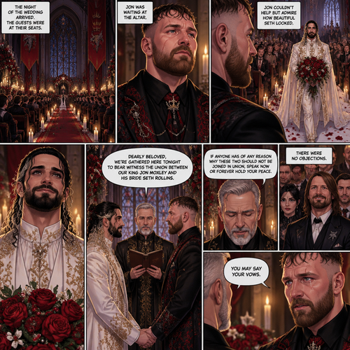 (Recap) Seth Rollins (The vampire hunter turned Bride of the Vampire king) Reunited with his long lost brother Aj Styles,Time skip to 3 days before the wedding,Seth and Jon Moxley (Vampire King) were still preparing,Aj helped out,The night before Aj had told Jon and Seth that he’s a werewolf,Seth and Jon were shocked but were happy that Aj was being honest with them,Seth was on the balcony Looking at the view and Looking nervous about the wedding,Jon appeared behind him checking in on him,“Can’t sleep?” Jon asked,“No” Said Seth,Jon wrapped his arms around him,“What’s on your mind?” Jon asked,”I’m just very nervous about our wedding,Don’t get me wrong I want to marry you…It’s just….what if I mess up? What if people don’t like me?…what if…..I’m not enough….for you?” Said Seth,”Look at me my love” Jon said softly,Seth looked up at him,”You’re not gonna mess up,I’ll be right with you,If people don’t like you they’ll have to deal with me,You ARE enough for me,You’re the only one I want,The ONLY one i love,You’re mine..and I’m yours,For eternity” Jon said softly,Seth’s heart fluttered,Jon kissed him softly,”I love you” Jon said Softly,”I love you too” Seth said softly,They kissed again. (And now part 9) The night of the wedding arrived,The guests were at their seats. Jon was waiting at the altar. The wedding music started playing. Seth walked down the aisle. Jon couldn’t help but admire how beautiful Seth looked. Seth got to the altar. “Dearly beloved,We’re gathered here Tonight to bear witness the union between Our King Jon Moxley and his Bride Seth Rollins” Said the officiant. “If anyone has of any reason why these two should not be joined in union,Speak now or forever hold your peace” The officiant continued. There were no objections. The officiant looked at Jon and said “You may say your vows”