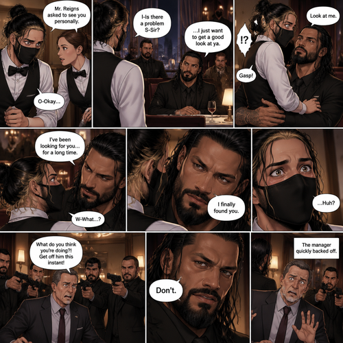 (Recap) Seth Rollins is a waiter at a restaurant,He’s wearing a mask that covers his face because all his life he’s been told he was ugly,He believed it,He’s also too afraid to look at mirrors,One night he was working as usual,then a group of men walked in amongst them was Roman Reigns (Feared mafia Boss) and took a seat,One of the waitresses told Seth that Roman asked to see him personally,Seth was nervous. (And now part 2). Seth nervously walked over to Roman’s table. “I-Is there a problem S-Sir?” Seth asked nervously. “…I just want to get a good look at ya” said Roman. Seth’s eyes Widened.  Roman wrapped his arm around Seth’s waist and pulled him onto his lap. Seth gasped. “Look at me” Roman commanded. Seth looked at him. “I’ve been looking for you…for a long time” Said Roman. Seth was confused. “I finally found you” Said Roman. The manager walked in and was about to lecture Seth…But Roman’s men pointed their weapons at him. Roman looked at him with a cold expression and said one word to him “Don’t”. The manager was spooked and backed off