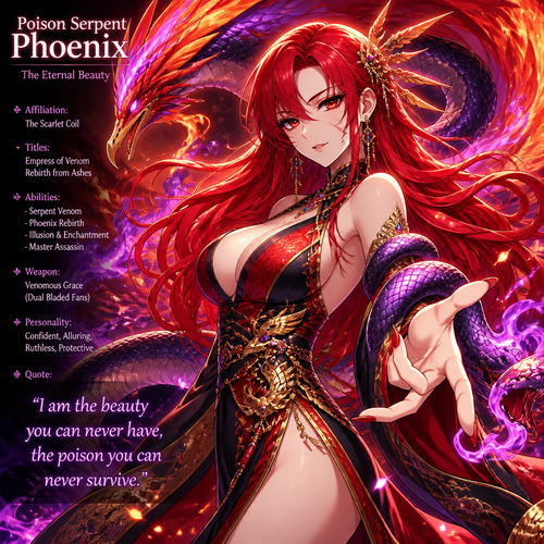 Poison serpent Phoenix humanoid female with red hair, one scar across her cheek, but the rest of her is virtually perfect