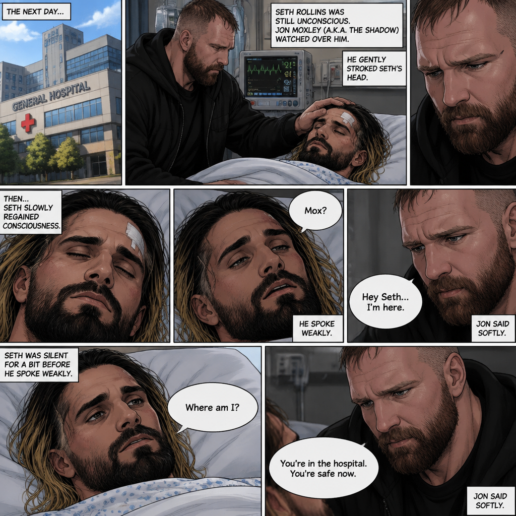 (Part 2 of the Vigilante x detective story). The next day,Seth Rollins (The detective) was still unconscious. Jon Moxley (A.K.A The vigilante known as the shadow) was watching over him. He gently stroked Seth’s head. Then…Seth slowly regained consciousness. He spoke weakly “Mox?”. “Hey Seth…I’m here” Jon said Softly. Seth was silent for a bit before he spoke weakly “Where am I?”. “You’re in the hospital,You’re safe now” Jon said softly