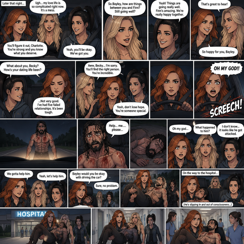 It was late at night,Becky Lynch Was in a car with Charlotte Flair and Bayley. They were driving to Becky’s house. Charlotte was talking about her complicated love life. Becky and Bayley were giving her words of comfort and support. Charlotte then asked Bayley how things were between her and Finn Bálor (They’re dating in this story). Bayley said things were going very well between the two of them. Becky and Charlotte were both happy to hear that. Bayley then looked at Becky and asked How HER dating life had been. Becky got a sad look on her face as she admitted that her dating life wasn’t doing very good,She had Five failed relationships. Charlotte and Bayley gave Becky words of comfort. Becky felt a little better. Then Becky looked at the road and suddenly yelled “OH MY GOD!!” And slammed on the breaks. There was a man (Seth Rollins) standing in front of the car,He was covered in bad scratches. He had a frightened expression on his face,He looked like he got attacked by a wild animal. Becky,Charlotte and Bayley were horrified. Then…the man spoke “Help…me….please”, then he collapsed on the road and passed out. The girls got out of the car and rushed over to the man. “Oh my god” Said charlotte. “What happened to him?” Bayley asked. “I don’t know…it looks like he got attacked” Said Becky. The man groaned in pain subconsciously. “We gotta help him” Said Becky. Bayley and Charlotte nodded in agreement. “Bayley would you be okay with driving the car?” Asked Becky. “Sure,no problem” said Bayley. Becky lifted the unconscious man in her arms and carried him to the car. They got in the car and Bayley drove to the hospital. The man was slipping in and out of consciousness on the way there. When they arrived they got out of the car and rushed inside With Becky holding the unconscious man in her arms