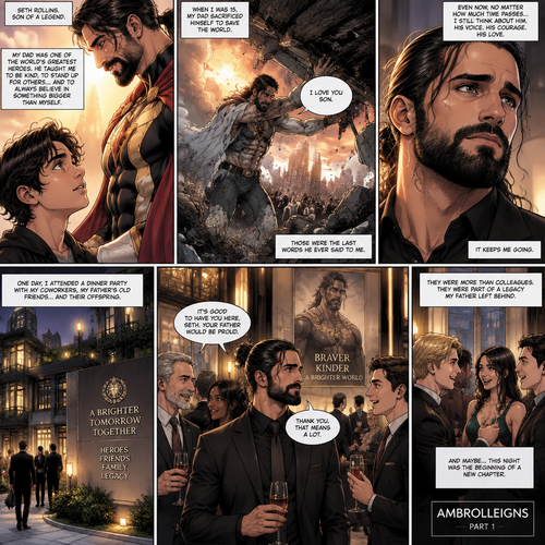(Part 1 of an Ambrolleigns story) Seth Rollins is the son of a famous superhero. When he was 15 years old his sad sacrificed himself to save the world,the last this his dad said to him was “I love you son”. As an adult he still thinks about his dad. One day He was attending a dinner party with his coworkers and his father’s old friends and their offsprings