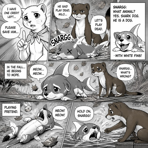 of the animated anime tina white stoat had the one credit left he said please save him milo brown coated. ermine. play died milo: let's play dead words snargg what animal yes shark dog. he is a dog. with white fins  with meow meow snargg a shark dog in the fall he begin to mope. playing pretend. hold on snargg. he meows. 