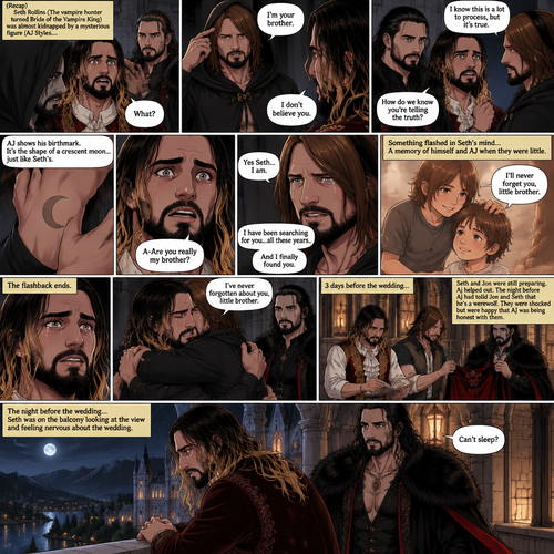 (Recap) Seth Rollins (The vampire hunter turned Bride of the Vampire king) was almost kidnapped by A mysterious figure (AJ Styles),Jon Moxley (Vampire King) Saved Seth,The man took off the hood and revealed he’s Seth’s brother,Seth was stunned. “What?” Seth asked,”I’m your brother” said Aj,Seth shook his head a little,”I don’t believe you” Said Seth,”I know this is a lot to process,but it’s true” said Aj,Jon gently pulled Seth to his side,”How do we know you’re telling the truth?” Jon asked cautiously,Aj shows his birthmark,It’s the shape of a crescent moon…just like Seth’s. Seth was stunned,All this time he thought he was the only one with that birthmark’”A-Are you really my brother?” Seth asked,”Yes Seth…I am” said Aj,”I have been searching for you…all these years” Aj paused,Tears welling up in his eyes,”And I finally found you” Aj continued,Seth didn’t know what to say,Neither did Jon,”I’ve never forgotten about you,little brother” Said Aj,Something flashed in Seth’s mind,it was a memory of himself and Aj when they were little,Aj (as a kid) had promised Seth he would never forget him,The flashback ends,Tears welled up in Seth’s eyes,Seth and Aj hugged each other,Jon just watched. (And now part 8). 3 days before the wedding,Seth and Jon were still preparing. Aj helped out. The night before Aj had told Jon and Seth that he’s a werewolf. Seth and Jon were shocked but were happy that Aj was being honest with them. Seth was on the balcony Looking at the view and Looking nervous about the wedding. Jon appeared behind him checking in on him. “Can’t sleep?” Jon asked