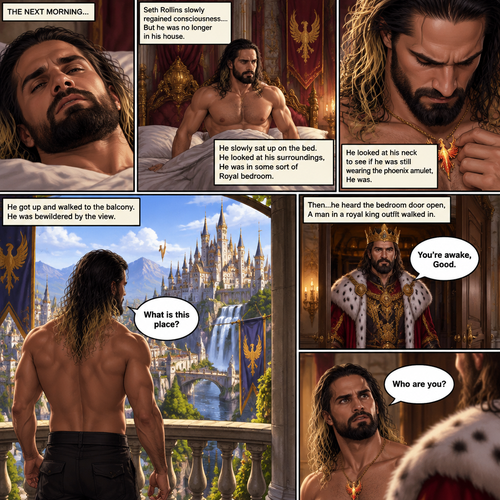 Part 2 of the phoenix story.The next morning,Seth Rollins slowly regained consciousness….But he was no longer in his house,He slowly sat up on the bed.He looked at his surroundings,He was in some sort of Royal bedroom.He looked at his neck to see if he was still wearing the phoenix amulet,He was.He got up and walked to the balcony,He was bewildered by the view. “What is this place?” Seth asked himself.Then…he heard the bedroom door open,A man in a royal king outfit walked in. “You’re awake,Good” said the man. “Who are you?” Asked Seth