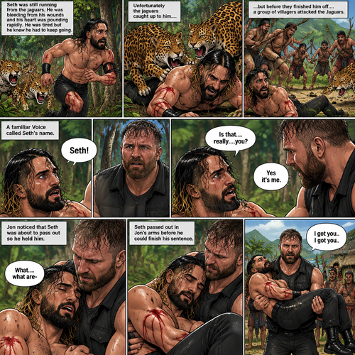 (Recap) Seth Rollins was on a cruise,then one night Thunder came,Seth got up from bed,The ship was rocking against the waves,Seth fell overboard,He swam as best he could,A wave crashed down on him,Everything went black,A few hours later,Seth woke up on shore,He was on an island,8 days have passed,He was still on the island,He walked to the jungle for more food,Then a group of jaguars attacked him,They bit him in the arm and leg,He managed to yank them off him and ran. (And now part 3). Seth was still running from the jaguars. He was bleeding from his wounds and his heart was pounding rapidly,He was tired but he knew he had to keep going. Unfortunately the jaguars caught up to him….but before they finished him off….a group of villagers attacked the Jaguars. A familiar Voice called Seth’s name. Seth looked up….He couldn’t believe it….It was Jon Moxley (He was missing for 3 months). Jon gently helped Seth stand up. “Is that….really….you?” Seth asked. “Yes it’s me” Said Jon. Jon noticed that Seth was about to pass out so he held him. “What….what are-“ Seth passed out in Jon’s arms before he could finish his sentence. “I got you..I got you” Said Jon. He lifted Seth in his arms. (End of part 3)