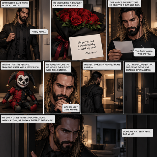 Seth Rollins came home after a long day,He discovered a bouquet of roses on his table. He reads the card,it says “I hope you had a wonderful day at work my love!-The jester”. This wasn’t the first time he received a gift like this. A mysterious person known as the Jester had been stalking him and sending him gifts for weeks. He was never able to figure who this person is. The first gift he received from the jester was a jester doll,He hoped to one day he would figure out who the jester is. The next day,Seth arrived home as usual….but he discovered that the front door was cracked open a little. He got a little tense and approached with caution,he slowly entered the house