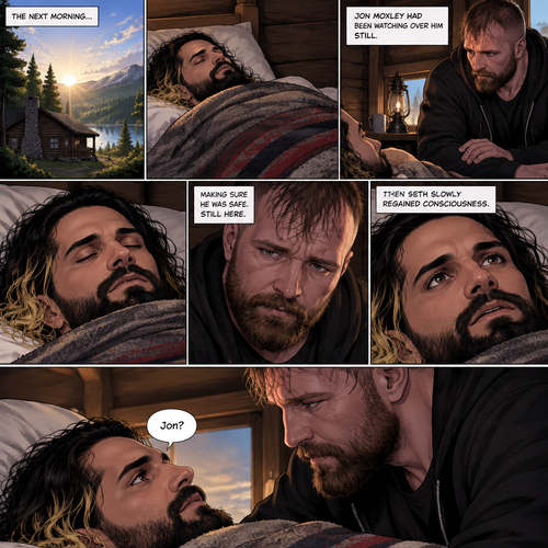 (The monster apocalypse/Moxollins story part 3). The next morning,Seth Rollins was Still unconscious on the bed in the cabin with the blanket wrapped around him to keep him warm. Jon Moxley had been watching over him Still holding him in his arms. Then Seth slowly regained consciousness,The first thing he sees is Jon looking down at him,Then he spoke softly “Jon?”