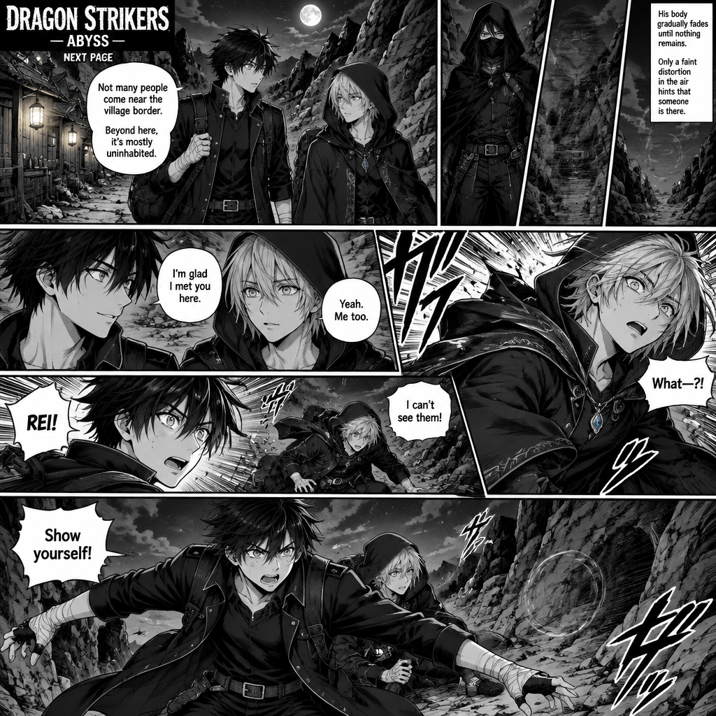 DRAGON STRIKERS — ABYSS — NEXT PAGE
Scene: Sora Amamiya and Rei Mikazuki walk together near the outer border of the Abyss village, where the wooden houses and lanterns gradually disappear into a deserted, rocky path. There are no villagers nearby. The assassin, who has been following them, activates an invisibility ability and prepares a surprise attack against Rei.
Sora Amamiya: Age 17, height 178 cm, slim athletic build. Messy layered jet-black hair with sharp irregular spikes and uneven bangs, sharp light-grey eyes with dark pupils, youthful defined face. He wears a fitted black high-collar jacket with silver buttons, a dark shirt, black trousers, a black belt with a rectangular silver buckle, and black lace-up combat boots. White bandages wrap both wrists and partially cover both hands. He carries a dark travel bag. No scars or markings.
Rei Mikazuki: Soft, layered silver hair, cool blue-grey eyes, calm and mysterious expression. He wears a black hooded cloak with subtle blue accents over dark layered clothing, black trousers, black boots, and a blue crystal pendant on a silver chain.
The assassin: Tall and lean, long straight charcoal-black hair, narrow crimson eyes, black mask covering the lower half of the face, fitted black combat outfit, black gloves, dark trousers, black boots, long black hooded cloak, and a dark-metal sword at the waist. The assassin can become completely invisible.
Panel 1: Sora and Rei walk beyond the final houses of the village. The warm lantern light fades behind them, replaced by cold moonlight, jagged rocks, and an empty path. Rei explains that few people come near the village border.
Panel 2: Behind them, the assassin stands silently between two dark rock formations. The assassin’s body gradually becomes transparent until nothing remains visible. Only a faint distortion in the air hints that someone is there.
Panel 3: Sora and Rei continue walking, unaware. Sora turns toward Rei and says, “I’m glad I met you here.” Rei looks surprised for a moment before replying, “Yeah. Me too.”
Panel 4: Without warning, an invisible attacker strikes from behind Rei. Show a sudden burst of motion and Rei’s shocked expression as he is knocked off balance. Use sharp action lines and dramatic panel angles. Do not show graphic injuries.
Panel 5: Sora spins around, his eyes widening as Rei stumbles away from the unseen attacker. Sora immediately moves toward his friend, trying to understand where the attack came from.
Final panel: Sora stands protectively between Rei and the empty darkness, scanning the rocky surroundings. Rei struggles to regain his footing behind him. A faint distortion in the air appears just beside Sora, hinting that the invisible assassin is preparing another attack.
Dialogue:
* Sora: “REI!”
* Rei: “What—?! I can’t see them!”
* Sora: “Show yourself!”
Style: High-quality black-and-white manga, cinematic action panels, strong contrast between the distant village lights and the dark border, dynamic movement, suspenseful atmosphere, expressive faces.
Important continuity rules: Keep Sora, Rei, and the assassin’s established designs consistent. The assassin uses invisibility to surprise Rei. No villagers are present. Do not reveal the assassin’s identity or introduce new lore. No graphic injuries. End with Sora facing an enemy he cannot see.