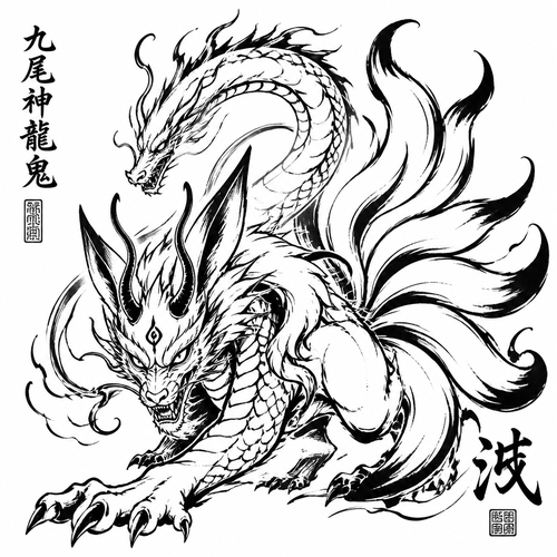Nine tail fox, loung dragon, oni fusion. That I am able to trace but still has detail 