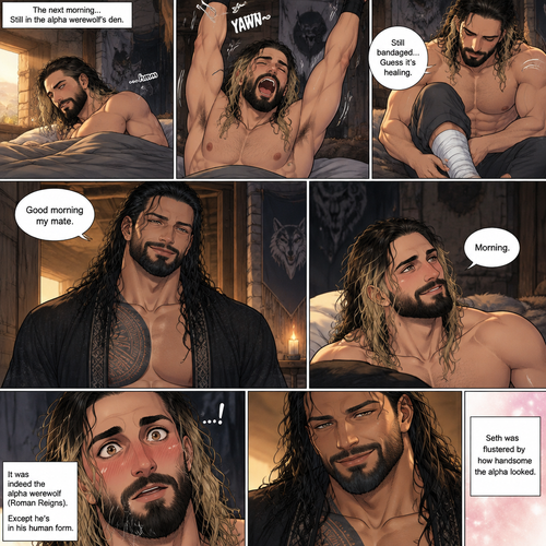 Part 3 of the Werewolf x Human story.Still in the alpha werewolf’s den.The next morning,Seth Rollins woke up,He slowly sat up,Then he yawned and stretched his arms out.He checked his bandaged ankle (Witch he sprained while he tried to run from the alpha werewolf the first time they met btw).Then he heard the alpha werewolf’s voice in a sweet tone “Good morning my mate”. Seth smiled. “Morning” said Seth.He looked up at him…He was stunned by what he was seeing.It was indeed the alpha werewolf (Roman Reigns),Except he’s in his human form.Seth was flustered by how handsome the alpha looked