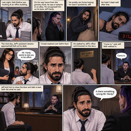 (Recap) Seth Rollins was working at an office building,Last night he saw a vampire in an alley on his way home from the grocery store,he recognized him as his boss Jeff Hardy,he quietly ran home hoping he wasn’t spotted by Jeff,He hadn’t slept well after that,Jeff’s assistant Jessica approached Seth at his desk and told him that Jeff wanted to see him in his office,Dread washed over Seth’s face,he walked to Jeff’s office and knocked on the door,”Come in” said Jeff,Seth walked in,Jeff told him to close the door and take a seat,Seth did what he said. (And now part 2). “Is there something wrong Mr.Hardy?” Seth asked nervously