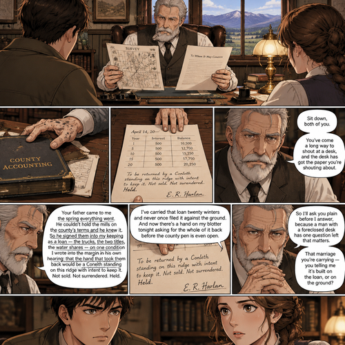 *The old man looks at the two sheets she has slapped down on his blotter — the hand-drawn survey in graph, the block-hand letter in plain — and reads them together the way a man reads a bad set of figures before he signs off on them. Then he lifts his eyes, and there is no flinch in them. He pushes the accounting book aside with two ink-stained fingers and lays a third sheet flat where the lamp can reach it: a dated ledger entry, in his own hand, recording a loan made the spring the city took the ground, with a column of interest running twenty winters long and a name at the foot of it.*
Sit down, both of you. You've come a long way to shout at a desk, and the desk has got the paper you're shouting about.
*He sets his pen down and folds his hands on the blotter, and his voice stays level and unhurried, the register of a man who has watched a lot of weather come over this valley.*
Your father came to me the spring everything went. He couldn't hold the mills on the county's terms and he knew it. So he signed them into my keeping as a loan — the trucks, the two titles, the water shares — on one condition I wrote into the margin in his own hearing: that the hand that took them back would be a Conleth standing on this ridge with intent to keep it. Not sold. Not surrendered. Held.
*He turns the sheet so they can both read the column of interest, the precise sum, and the condition in smaller ink at the bottom. His finger rests on the condition, not the sum.*
I've carried that loan twenty winters and never once filed it against the ground. And now there's a hand on my blotter tonight asking for the whole of it back before the county pen is even open. So I'll ask you plain before I answer, because a man with a foreclosed desk has one question left that matters. That marriage you're carrying — you telling me it's built on the loan, or on the ground?