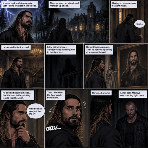 It was a dark and stormy night.Seth Rollins was lost in the woods,Then he found an abandoned mansion up ahead.Having no other options he went inside.He sighed heavily.He decided to look around,Little did he know…Someone was watching him in the darkness.He kept looking around,Then he noticed a painting of a man on the wall,He couldn’t help but notice…that the man in the painting…looked just like…him. “Why does he look just like…me?” Seth asked himself.Then…He heard the floor creak behind him,He turned around,A man (Jon Moxley) was standing right there