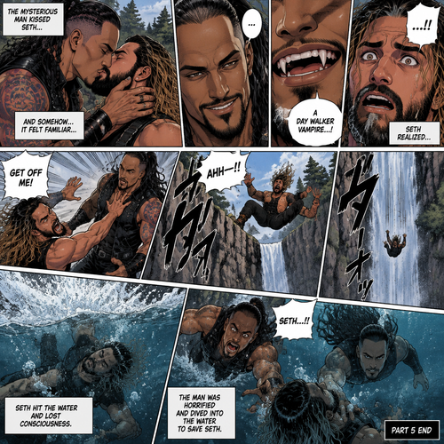 Part 5. Still at the cliff near the forest clearing with the waterfall view. The mysterious man (WWE superstar Damien priest) was kissing Seth Rollins. Seth felt like there was something familiar about the kiss. The man then smiled at him. Seth….then noticed….fangs in the man’s teeth…and realized…he’s a day walker vampire. He got scared and shoved the man off him…which caused Seth to stumble and fall off the cliff backwards,He hit the water and lost consciousness. The man was horrified and dived into the water to save Seth. (End of part 5)
