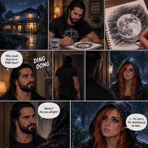 It was a rainy night outside,Seth Rollins was alone in his house,He drawing a picture of the moon on his notebook.Then the doorbell rang. “Who could that be in THIS hour?” Seth  asked himself. He got up and opened the door,A young Irish woman (Becky Lynch) was standing outside on his porch soaking wet from the rain wearing a hood