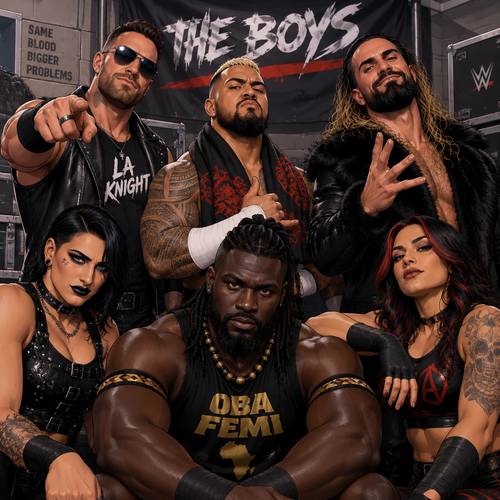 LA Knight,Solo Sikoa,Seth Rollins,Oba Femi,Rhea Ripley and Ari Stone (My wrestler oc) in The boys