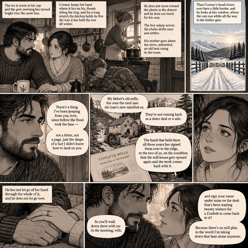 *The tea is warm in his cup and the grey morning has turned bright over the snow line. Cormac keeps her hand where it lies on his, thumb riding the ring, and for a long stretch the kitchen holds its five the way it has held the row all winter. He does not move toward the phone in the drawer and he does not reach for his coat. The boy asleep across the chairs shifts once and settles. His mother goes about the stove, unhurried, an old heat rising in the room. Then Cormac's hand closes over hers a little harder, and he looks at the window, where the ruts run white all the way to the timber gate.*
There's a thing I've been keeping from you, love, since before the flood took the lane — not a letter, not a page, just the shape of a fact I didn't know how to land on you. My father's old mills, the ones the card says the loan's now satisfied on. They're not coming back as a share deal or a sale. The hand that held them all these years has signed them over to the ridge, to the two of us, on the condition that the mill house gets opened again and the work comes back with it.
*He has not let go of her hand through the whole of it, and he does not let go now. He turns his head just enough to see the line of her face in the brightened light, and his voice drops to the register he keeps for ground that has finally settled.*
So you'll walk down there with me in the morning, wife, and sign your name under mine on the desk that's been waiting twenty winters for a Conleth to come back to it? Because there's no mill plan in the world I'm taking down that lane alone anymore.