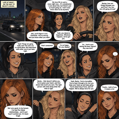 It was late at night,Becky Lynch Was in a car with Charlotte Flair and Bayley. They were driving to Becky’s house. Charlotte was talking about her complicated love life. Becky and Bayley were giving her words of comfort and support. Charlotte then asked Bayley how things were between her and Finn Bálor (They’re dating in this story). Bayley said things were going very well between the two of them. Becky and Charlotte were both happy to hear that. Bayley then looked at Becky and asked How HER dating life had been. Becky got a sad look on her face as she admitted that her dating life wasn’t doing very good,She had Five failed relationships. Charlotte and Bayley gave Becky words of comfort