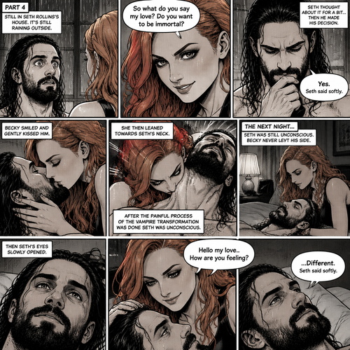 Part 4.Still in Seth Rollins’s house,Still raining outside.Seth Rollins and Becky lynch are in Seth’s room,Seth’s eyes were widened and his breath hitched a little after Becky offered him immortality. “So what do you say my love? Do you want to be immortal?” Asked Becky.Seth thought about for a bit…Then he made his decision. “Yes” Seth said softly.Becky smiled and gently kissed him.She then leaned towards Seth’s neck.After the painful process of the vampire transformation was done Seth was unconscious.The next night Seth was still unconscious,Becky never left his side.Then Seth’s eyes slowly opened,He looked at Becky as she was smiling down at him.She gently stroked his head. “Hello my love..How are you feeling?” Becky said softly. “…Different” Seth said softly