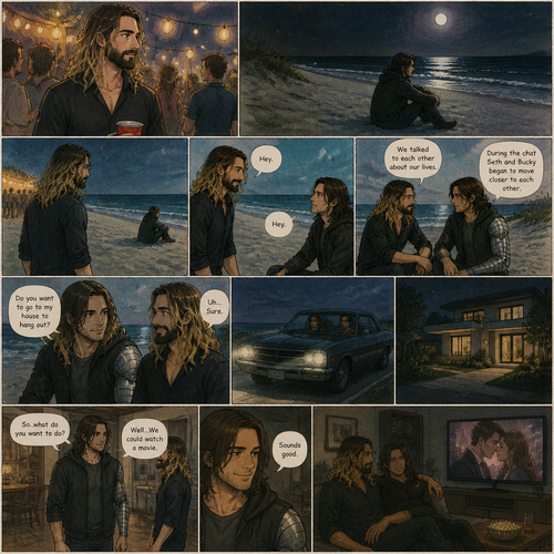 Seth Rollins is at a party,Then he sees Bucky sitting alone on the beach.He walks over to him. “Hey” said Seth. Bucky looked at him. “Hey” Said Bucky.Seth sits beside him.They talked to each other about their lives.During the chat Seth and Bucky began to move closer to each other. “Do you want to go to my house to hang out?” Asked Bucky. “Uh…Sure” said Seth.They get in Bucky’s car and drive to Bucky’s house.The head inside. “So..what do you want to do?” Asked Bucky. “Well…We could watch a movie” Said Seth. “Sounds good” Said Bucky. They sit on the couch,Bucky puts on a romance movie on the tv