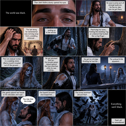 (Part 2 of the corpse bride,Seth x Becky style). The world was black. Then Seth Rollins slowly opened his eyes,He was in some sort of strange bedroom. He has no idea how he got there. The last thing he remembered was running away from a wedding rehearsal,ending up in the woods,Practicing his vows,Putting the wedding ring on a branch that looked like a ring finger,Then an undead woman in a wedding dress (Becky Lynch) crawled out of the ground,He got spooked and ran,His tuxedo jacket ripped against the tree branches while he was running,He got to a bridge thinking he lost her,The undead bride appeared,She gently placed her hands on his shoulders and said “You may kiss the bride”,She leaned forward and kissed him,The crows swarmed around them,Everything went black. That’s all he remembered (End of part 2)