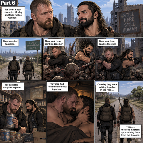 (Part 6). Still in the zombie apocalypse. “it’s been a year since Jon Moxley and Seth Rollins reunited. They travelled together,They took down zombies together,They took down bandits together,They collected supplies together,They also had romantic moments together. One day they were walking together on the road…Then…..they see a person approaching them from the distance