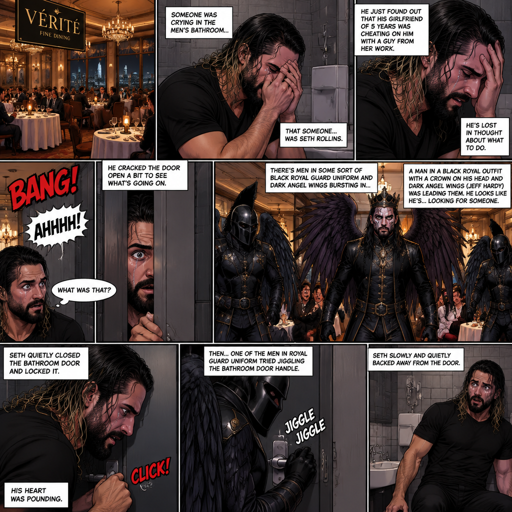 There’s a fancy restaurant,someone was crying in the men’s bathroom,That someone…was Seth Rollins. He just found out that his girlfriend of 5 years was cheating on him with a guy from her work. He’s Lost in thought about what to do. He was snapped out of his thoughts…when…he heard a loud bang followed by screams of terror outside the bathroom. “What was that?” Seth asked himself. He cracked the door open a bit to see what’s going on. There’s men in some sort of black royal guard uniform and dark angel wings bursting in…wait…Dark angel wings?!. A man in a black royal outfit with a crown on his head and dark angel wings (Jeff Hardy) was leading them,He looks like he’s…looking for someone. Seth quietly closed the bathroom door and locked it,his heart was pounding. Then…One of the men in royal guard uniform tried jiggling the bathroom door handle. Seth slowly and quietly backed away from the door