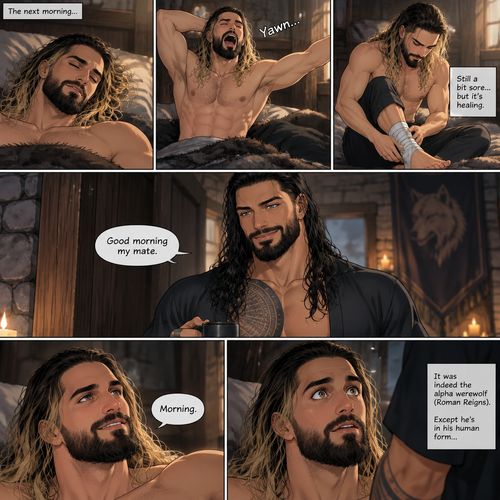 Part 3 of the Werewolf x Human story.Still in the alpha werewolf’s den.The next morning,Seth Rollins woke up,He slowly sat up,Then he yawned and stretched his arms out.He checked his bandaged ankle (Witch he sprained while he tried to run from the alpha werewolf the first time they met btw).Then he heard the alpha werewolf’s voice in a sweet tone “Good morning my mate”. Seth smiled. “Morning” said Seth.He looked up at him…He was stunned by what he was seeing.It was indeed the alpha werewolf (Roman Reigns),Except he’s in his human form