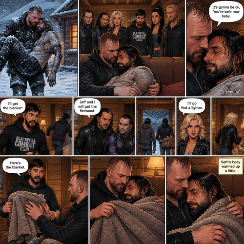 (The monster apocalypse/Moxollins story part 2) Jon Moxley made it out of the blizzard and into a cabin With the Cold and barely conscious Seth Rollins in his arms. His group of survivors (Matt and Jeff Hardy,Toni Storm,Wheeler Yuta,Indi Hartwell and Nic Nemeth) were there too. Jon Sat down on the couch and held Seth. “I’ll get the blanket!” Said wheeler,Then he ran to find a blanket. “Jeff and I will get the firewood” Said Matt,Then Matt and Jeff ran to find firewood. “I’ll go find a lighter” Said Toni,Then she ran to find a lighter. Seth was shivering due to the cold. “It’s gonna be ok,You’re safe now baby” Jon said softly. Wheeler came back with the blanket and gave it to Jon. He gently wrapped it around Seth to keep him warm. Seth’s body warmed up a little