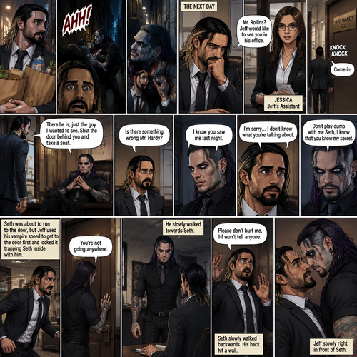 Seth Rollins was working at an office building,last night,on his way home from the grocery store he heard a scream from an alleyway,He looked and saw a Vampire,He recognized the vampire…it was Jeff Hardy…his boss,Seth quietly ran home hoping Jeff didn’t see him,He had been thinking about that night all day,He was snapped out of his thoughts when someone tapped him on the shoulder,It was Jessica Jeff’s assistant,she told him that Jeff wanted to see him in his office,Dread washed over Seth’s face,He walked to Jeff’s office and knocked on the door’”Come in” said Jeff,Seth opened the door,”There he is,just the guy I wanted to see,shut the door behind you and take a seat” said Jeff,Seth closed behind him and took a seat. (And now part 2). “Is there something wrong Mr.Hardy?” Seth asked nervously. Jeff looked at Seth with a serious expression. “I know you saw me last night” said Jeff. Seth had a fearful expression on his face but tried to keep it cool. “I’m sorry…I don’t know what you’re talking about” said Seth. “Don’t play dumb with me Seth,I know that you know my secret” said Jeff. Seth’s heart was pounding. Seth was about to run to the door,But Jeff used his vampire speed to get to the door first and locked it trapping Seth inside with him. “You’re not going anywhere” Said Jeff. He slowly walked towards Seth. Seth slowly walked backwards. “Please don’t hurt me,I-I won’t tell anyone” Seth pleaded. Seth’s back hit a wall. Jeff stood right in front of Seth