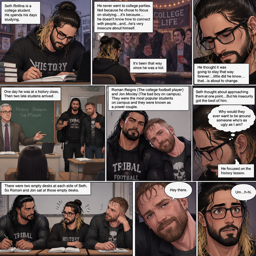 Seth Rollins is a college student. He spends his Seth Rollins is a college student. He spends his days studying,He never went to college parties. Not because he chose to focus on studying….it’s because…he doesn’t know how to connect with people…and…he’s very insecure about himself. It’s been that way since he was a kid. He thought it was going to stay that way forever….little did he know….that…is about to change. One day he was at a history class,Then two late students arrived. Roman Reigns (The college football player) and Jon Moxley (The bad boy on campus). They were the most popular students on campus and they were known as a power couple. Seth thought about approaching them at one point….But his insecurity got the best of him. “Why would they ever want to be around someone who’s as ugly as I am?” Seth thought to himself. He focused on the history lesson. He thought they would never notice him anyway….but they did…They always have…he just didn’t know it yet. There were two empty desks at each side of Seth,So Roman and Jon sat at those empty desks. Seth noticed and was surprised. “Hey there” Jon said. Seth was nervous. “Um…h-hi” Seth said nervously