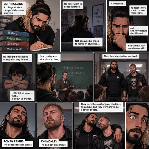 Seth Rollins is a college student. He spends his days studying,He never went to college parties. Not because he chose to focus on studying….it’s because…he doesn’t know how to connect with people…and…he’s very insecure about himself. It’s been that way since he was a kid. He thought it was going to stay that way forever….little did he know….that…is about to change. One day he was at a history class,Then two late students arrived. Roman Reigns (The college football player) and Jon Moxley (The bad boy on campus). They were the most popular students on campus and they were known as a power couple.