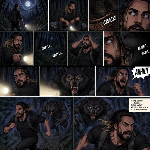 Seth Rollins was lost in the middle of the woods at night,The only this has right now is a backpack and a flashlight.He was about to take a break…then he heard something stepping on a twig.He looked around for the source pointing his flashlight,Then he heard something moving in the woods,He was looking frantically.He was about to give up….then he felt something breathing on him,his heart was beating loudly,He turned around slowly while pointing his flashlight…it was….A werewolf!!.Seth Yelled in fear and ran.The werewolf chased after him,It was gaining on Seth…but he wasn’t about to give up now..so he kept running