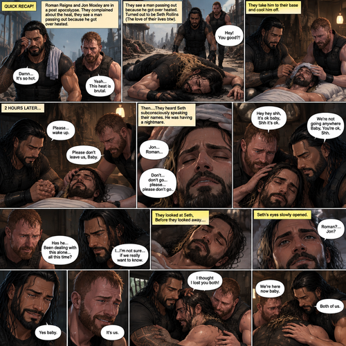 (Quick recap!) Roman reigns and Jon Moxley are in a post apocalypse,They complained about the heat,They see a man passing out because he got over heated,Turned out to be Seth Rollins (The love of their lives btw),They take him to their base and cool them off. (Now onto part 2!).2 hours have passed,Seth was still unconscious,Roman and Jon never left his side.Roman Gently held Seth’s hand. “Please…wake up” Roman pleaded softly.Jon gently stroked Seth’s head.”Please don’t leave us,Baby” Jon pleaded softly.Then….They heard Seth subconsciously speaking their names “Jon…Roman”. “Don’t…don’t go…please…please don’t go” Seth Said in his subconscious.He was having a nightmare. “Hey hey shh,It’s ok baby,Shh it’s ok” Jon said softly. “We’re not going anywhere Baby,You’re ok,Shh” Roman said softly. Seth’s body slowly relaxed.It broke their hearts to see Seth like that.Jon’s voice cracked a little while he spoke. “Has he…Been dealing with this alone…all this time?” Jon asked.Roman couldn’t even bear the thought of it. “I…I’m not sure…if we really want to know” said Roman.They looked at Seth,Before they looked away….Seth’s eyes slowly opened,He spoke softly “Roman?…Jon?”. They smiled of joy and relief. “Yes baby” Roman said softly. “It’s us” Jon said softly.Tears of joy streamed down Seth’s face,he slowly sat up,He couldn’t believe it…The men he trusted and truly loved…are alive.Roman and Jon hugged Seth as he cried tears of joy. “I thought I lost you both!” Seth said while crying.Jon Gently rubbed Seth’s back. “We’re here now baby” Said Jon.Roman gently stroked Seth’s hair. “Both of us” Said Roman