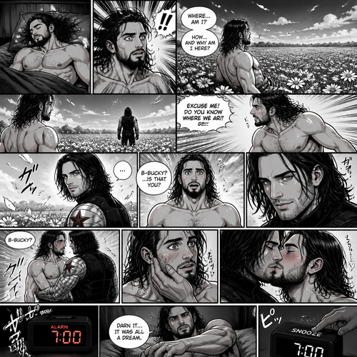Seth Rollins was asleep on his bed,Then he woke up….On a field of flowers,He was confused as to how and why he was there.Then he noticed a mysterious man ahead of him with his back turned.He stands up. “Excuse me! Do You know where we are?!” Seth called out.The mysterious man turned around and faced Seth….It was Bucky.Seth was surprised. “B-Bucky?…Is that you?” Seth asked.Bucky said nothing…He just smiled and walked towards Seth.He stopped once he was in front of Seth.He wrapped his arm around his waist and pulled him closer.Seth Gasped. “B-Bucky?” Seth asked.Bucky gently placed his hand on Seth’s cheek.Seth blushed.Bucky leaned forward to Seth…And kissed him softly.Then….Seth’s alarm clock went off,Seth woke up.He pressed the snooze button. “Darn it…it was all a dream” Said Seth
