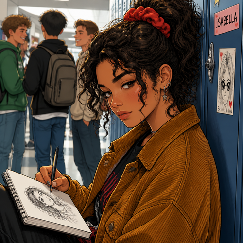 Close-up on ISABELLA (16). She has curly dark hair tied back with a bright red scrunchie, wearing an oversized corduroy jacket. She’s leaning against her locker, sketching in a spiral notebook, looking a bit detached from the crowd.