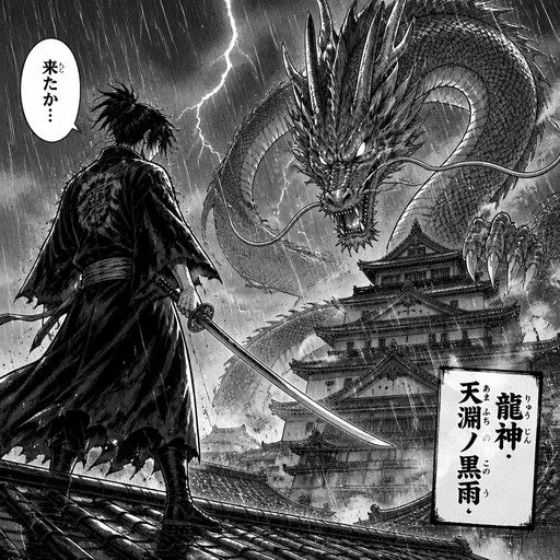 a swordsman facing a dragon on a rainy rooftop
